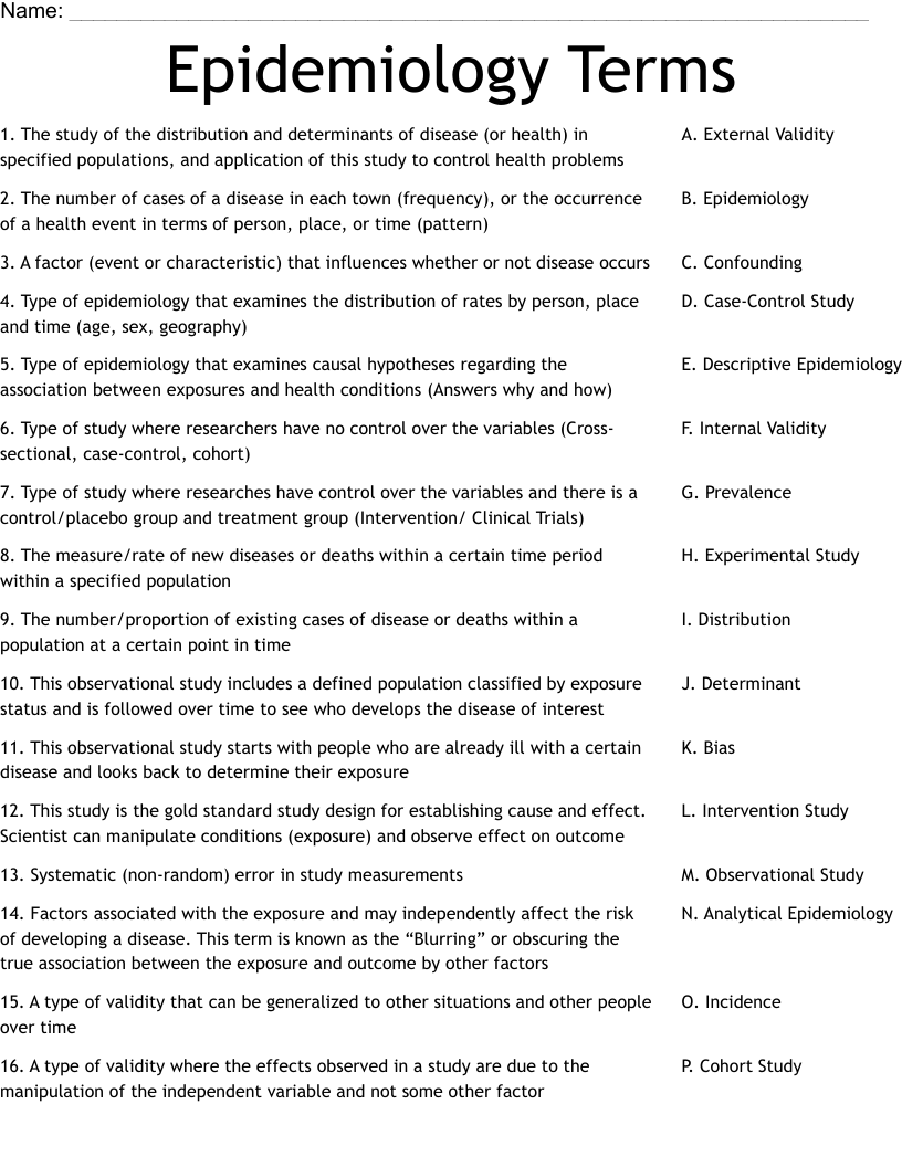 Epidemiology Terms Worksheet