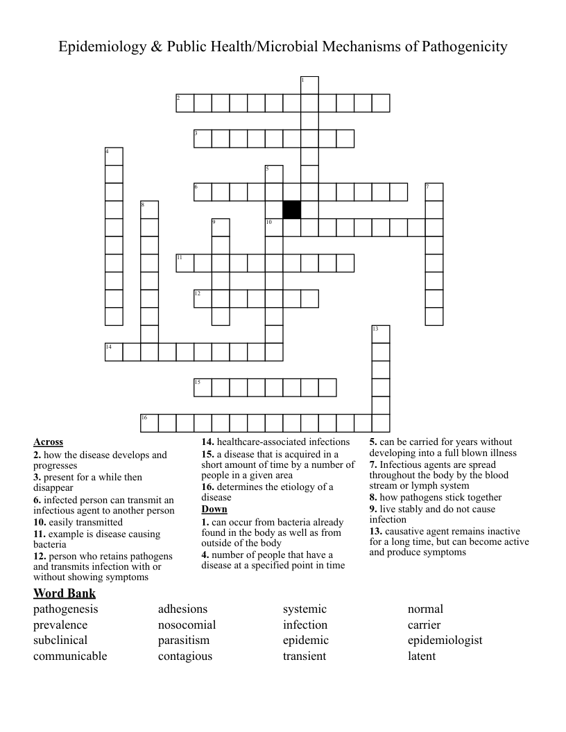 Epidemiology & Public Health/Microbial Mechanisms of Pathogenicity Crossword