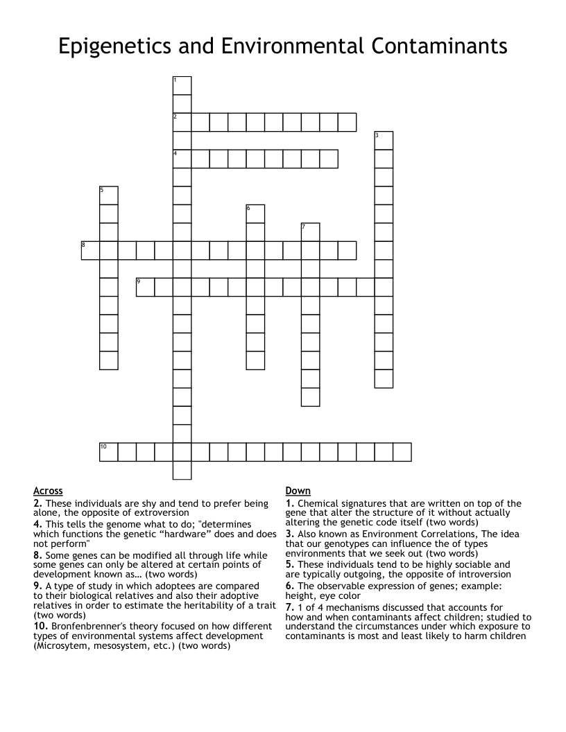Epigenetics and Environmental Contaminants Crossword