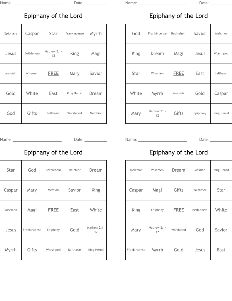 Epiphany of the Lord Bingo Cards