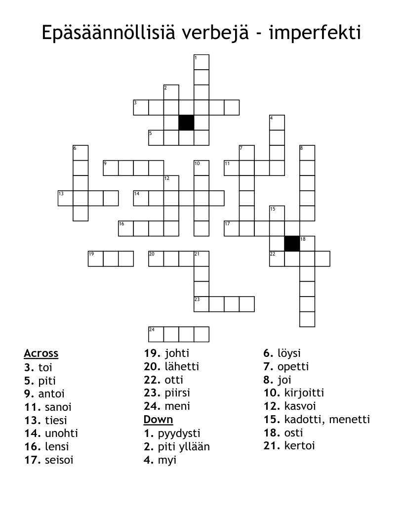 Epäsäännöllisiä verbejä - imperfekti Crossword