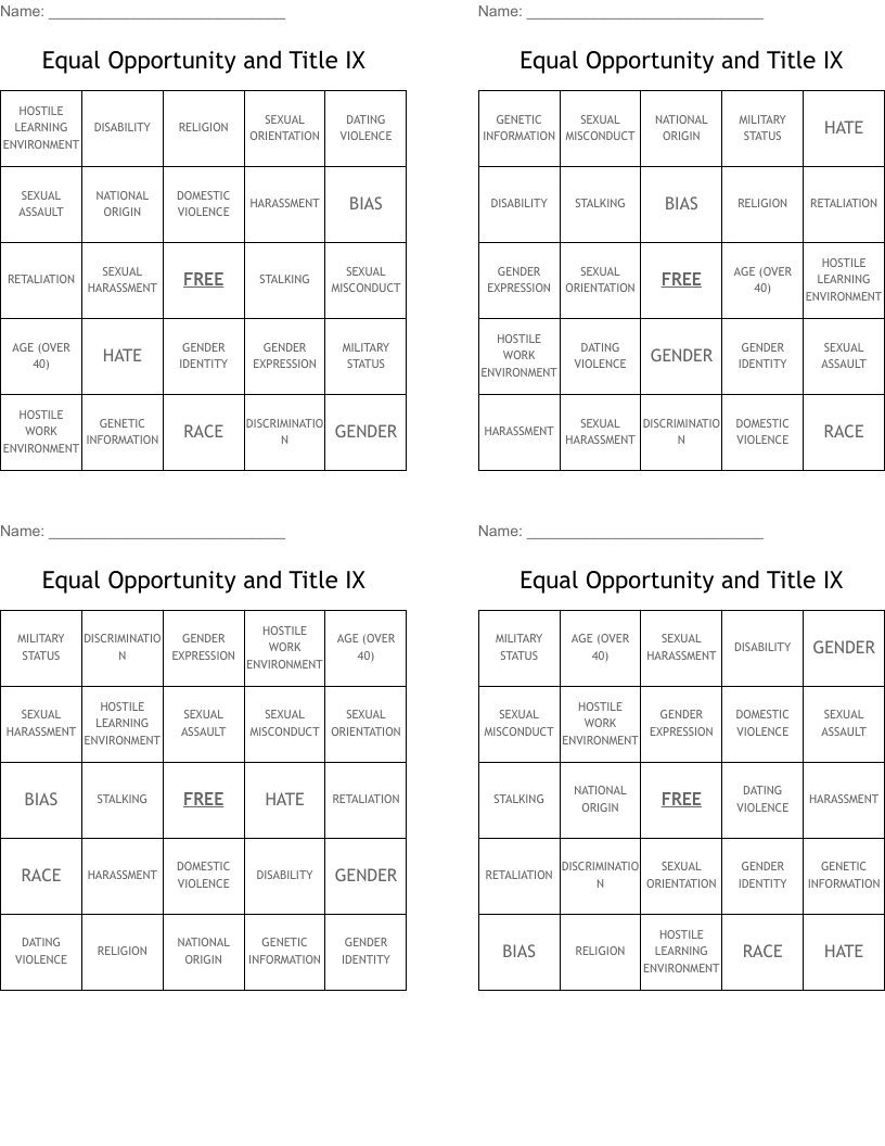 Equal Opportunity and Title IX Bingo Cards