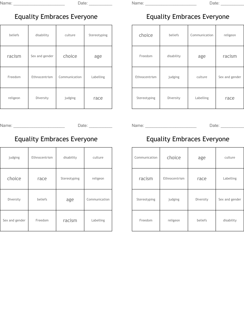 Equality Embraces Everyone Bingo Cards