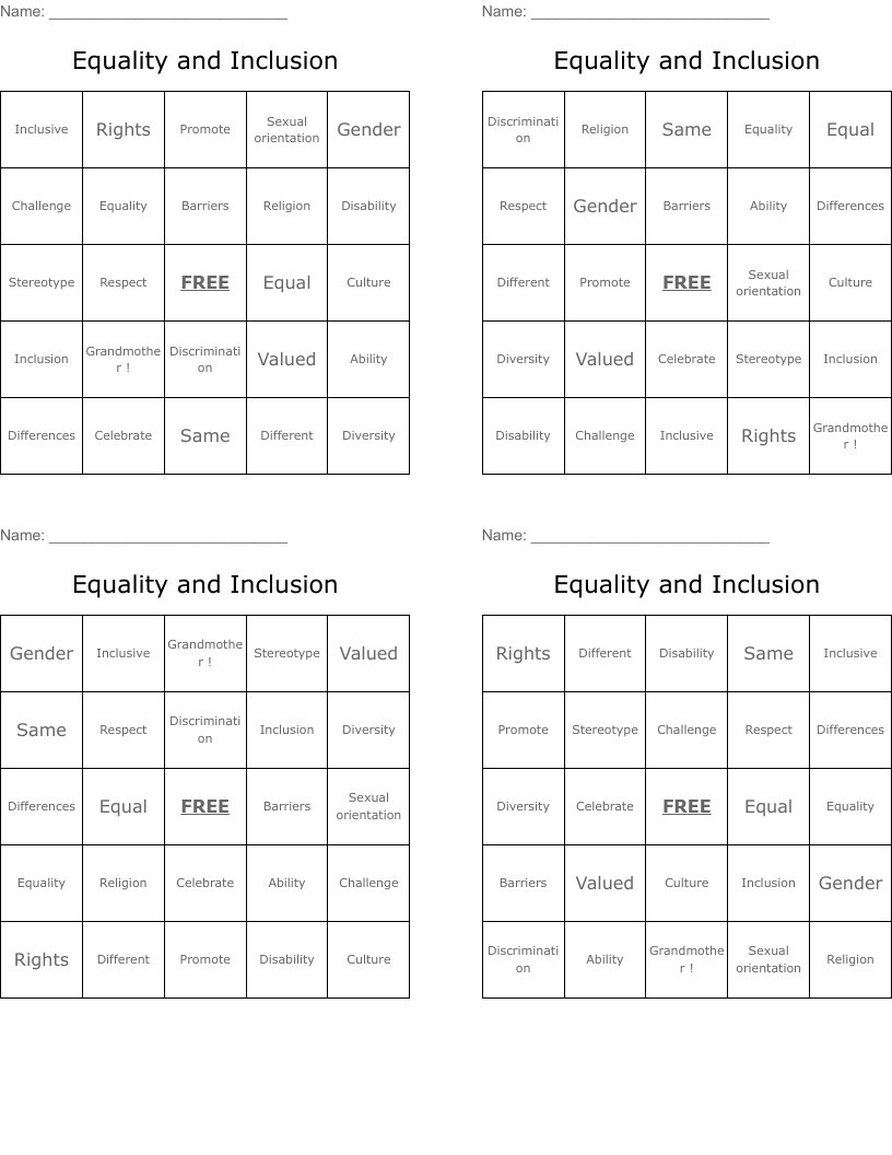 Equality and Inclusion Bingo Cards