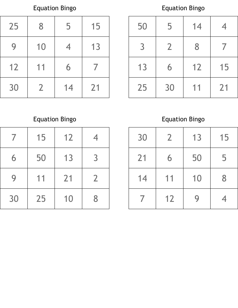 Equation Bingo