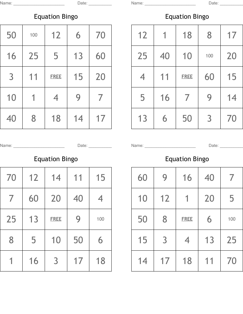 Equation Bingo