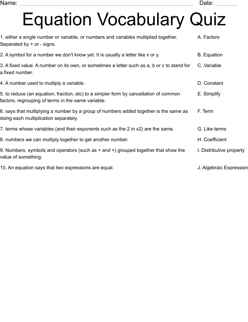 Equation Vocabulary Quiz Worksheet