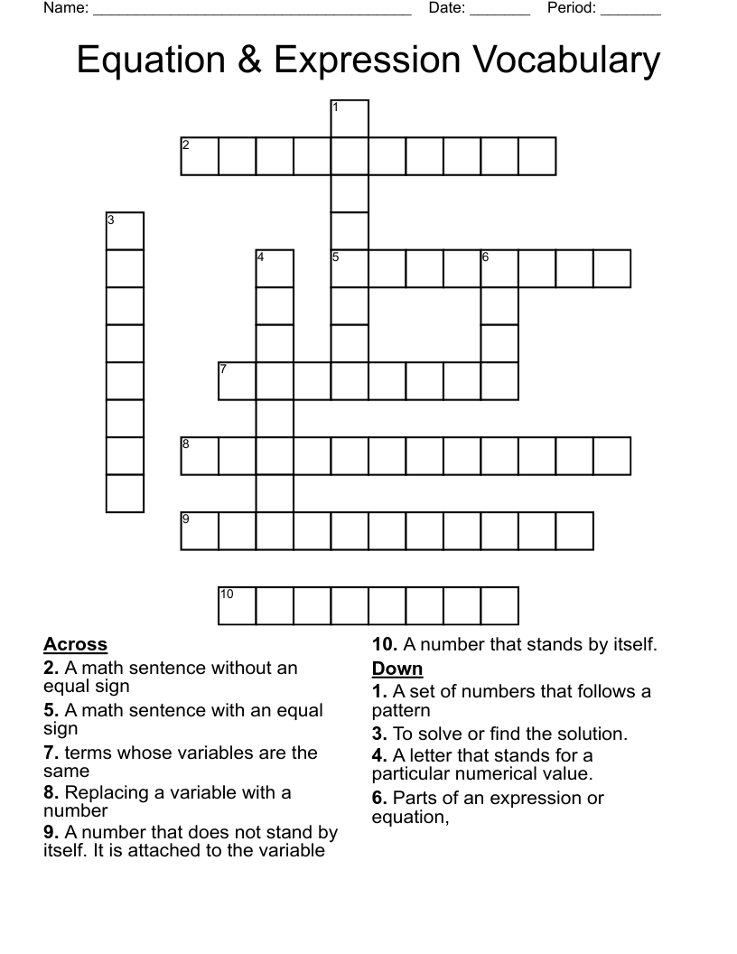 Equation & Expression Vocabulary Crossword