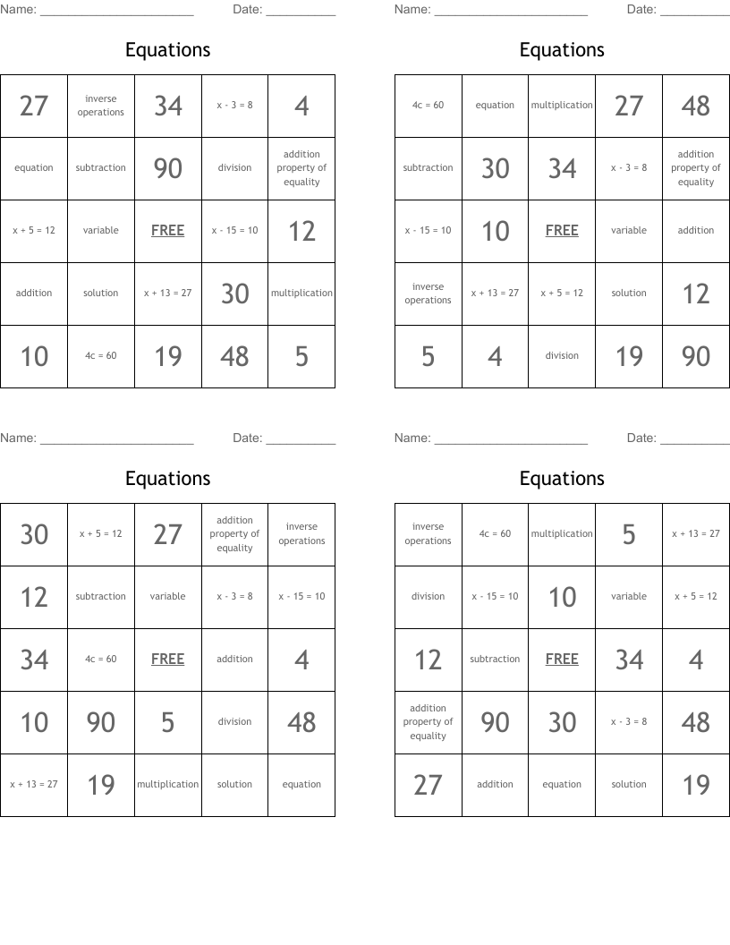 Equations Bingo Cards