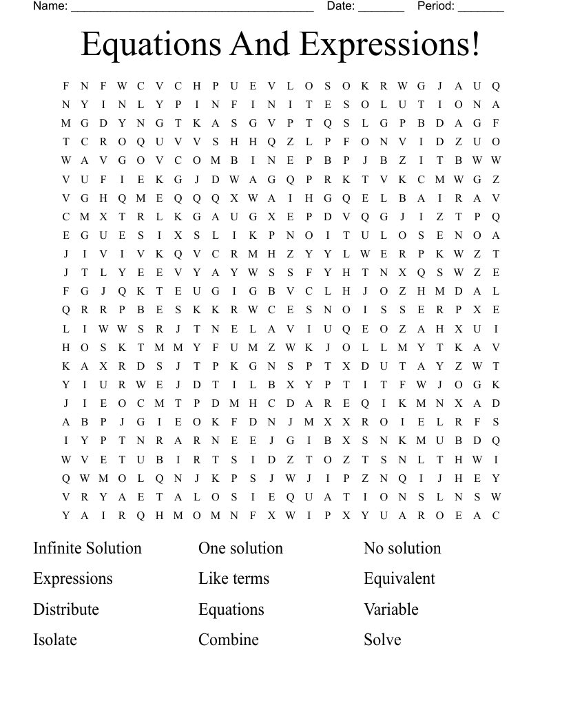 Equations And Expressions! Word Search
