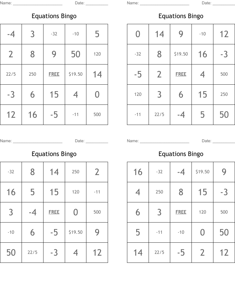Equations Bingo