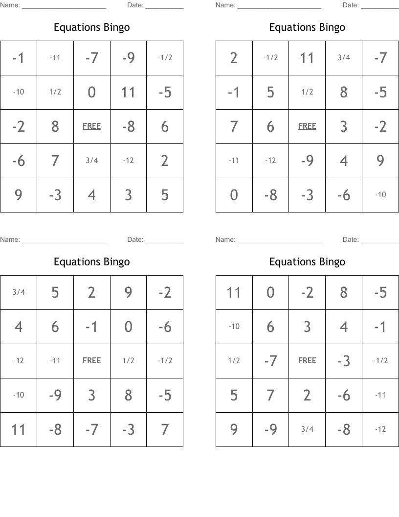 Equations Bingo