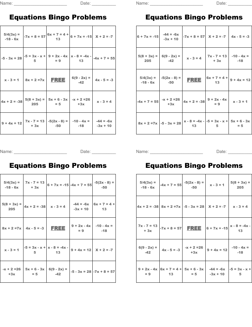 Equations Bingo Problems 