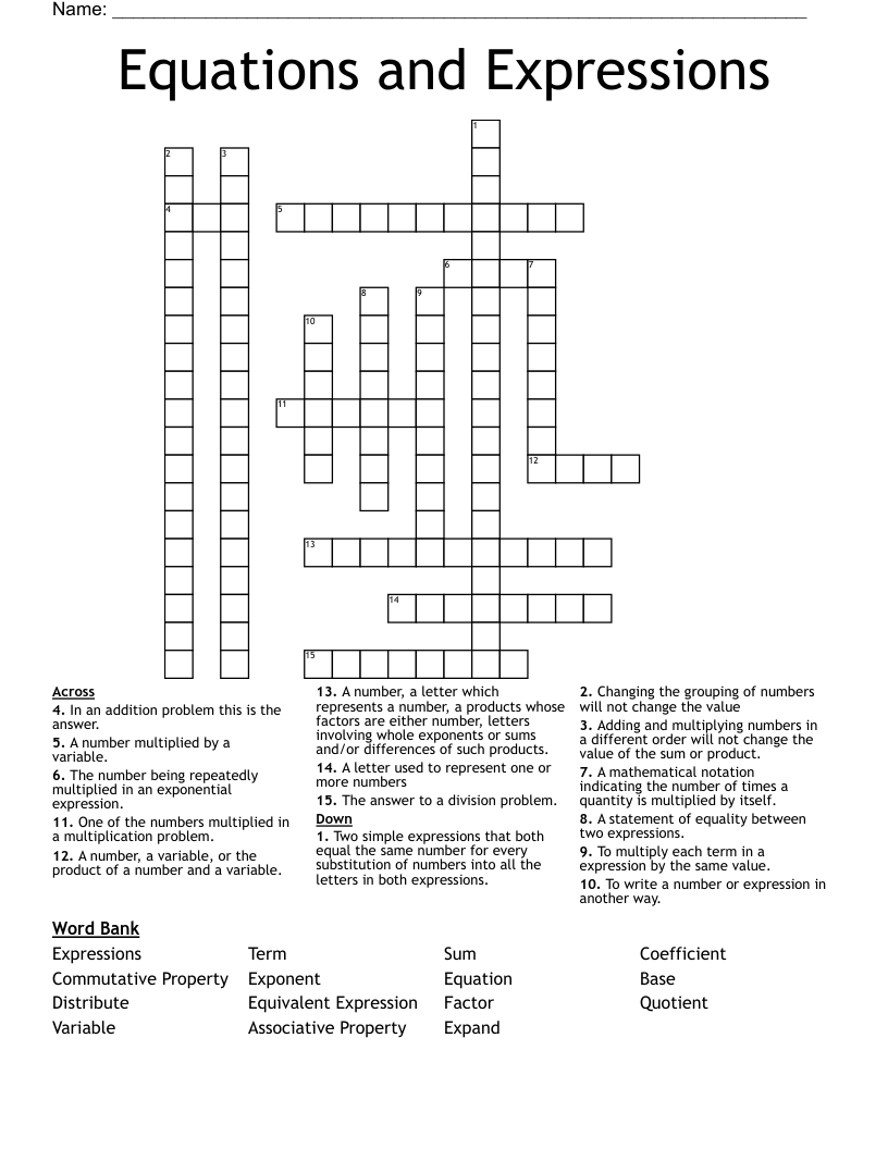 Equations and Expressions Crossword