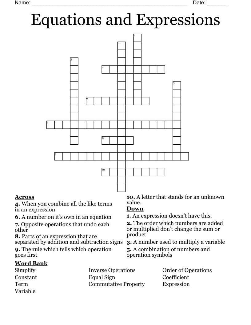 Equations and Expressions  Crossword