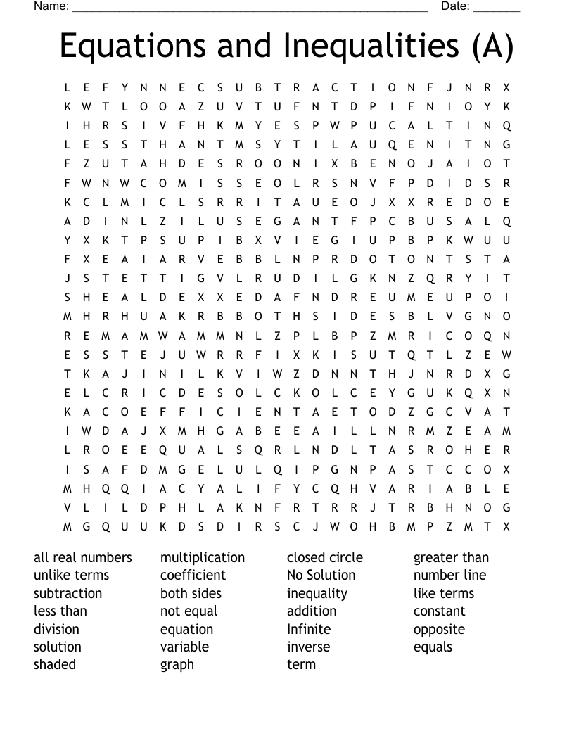 Equations and Inequalities (A) Word Search