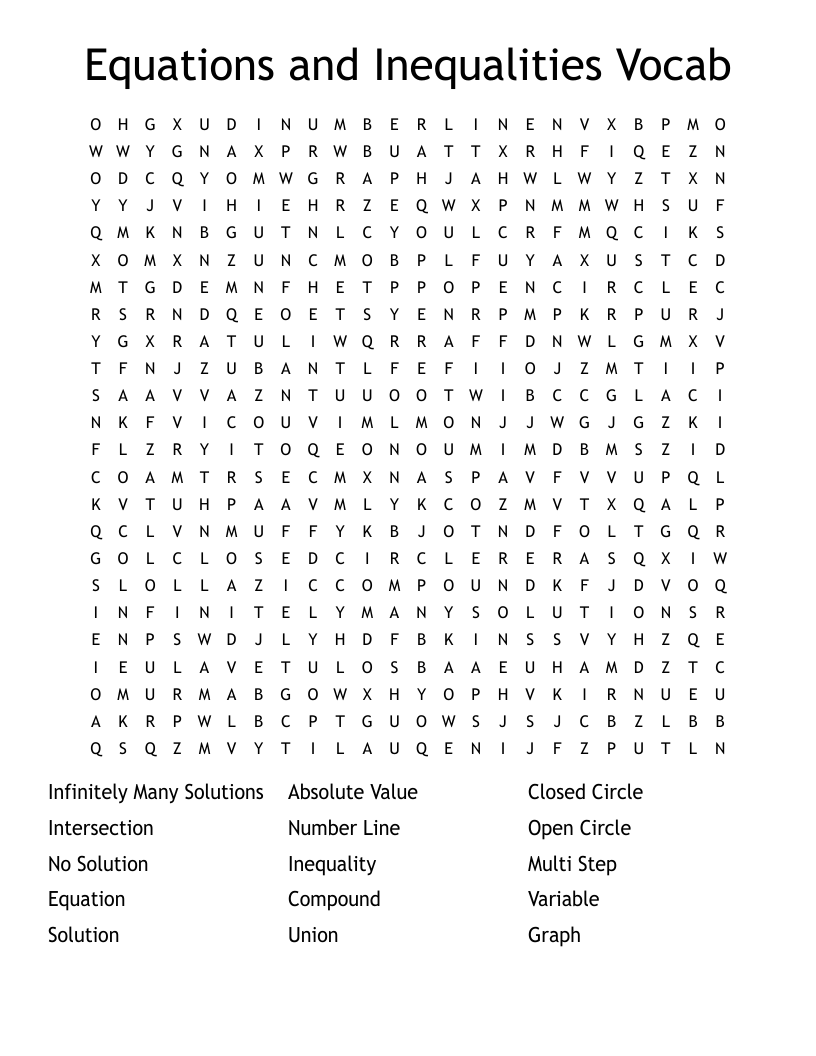 Equations and Inequalities Vocab Word Search
