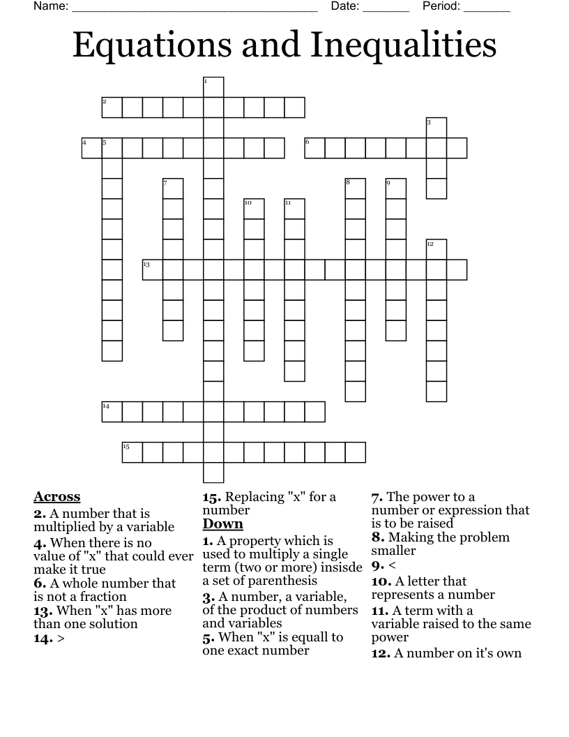 Equations and Inequalities  Crossword