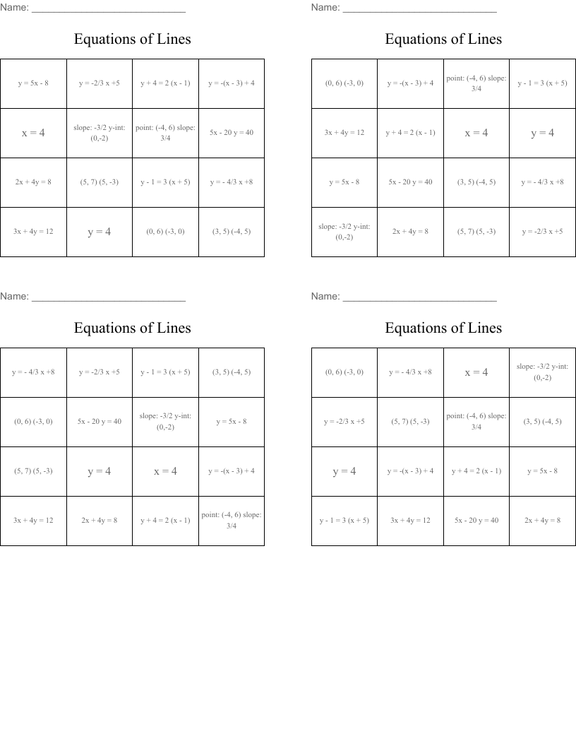 Equations of Lines Bingo Cards