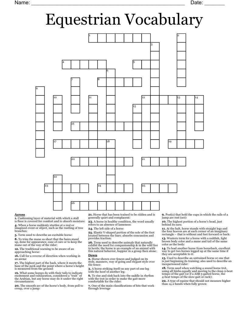 Equestrian Vocabulary Crossword