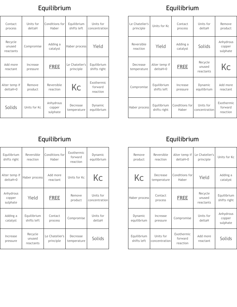 Equilibrium Bingo Cards