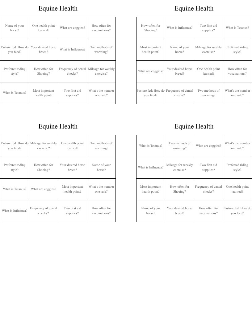 Equine Health Bingo Cards
