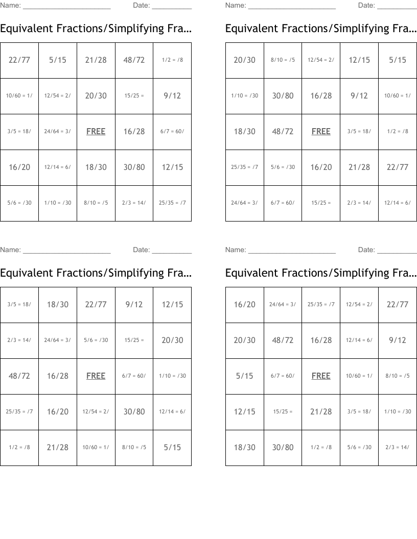 Equivalent Fractions/Simplifying Fractions Bingo Cards