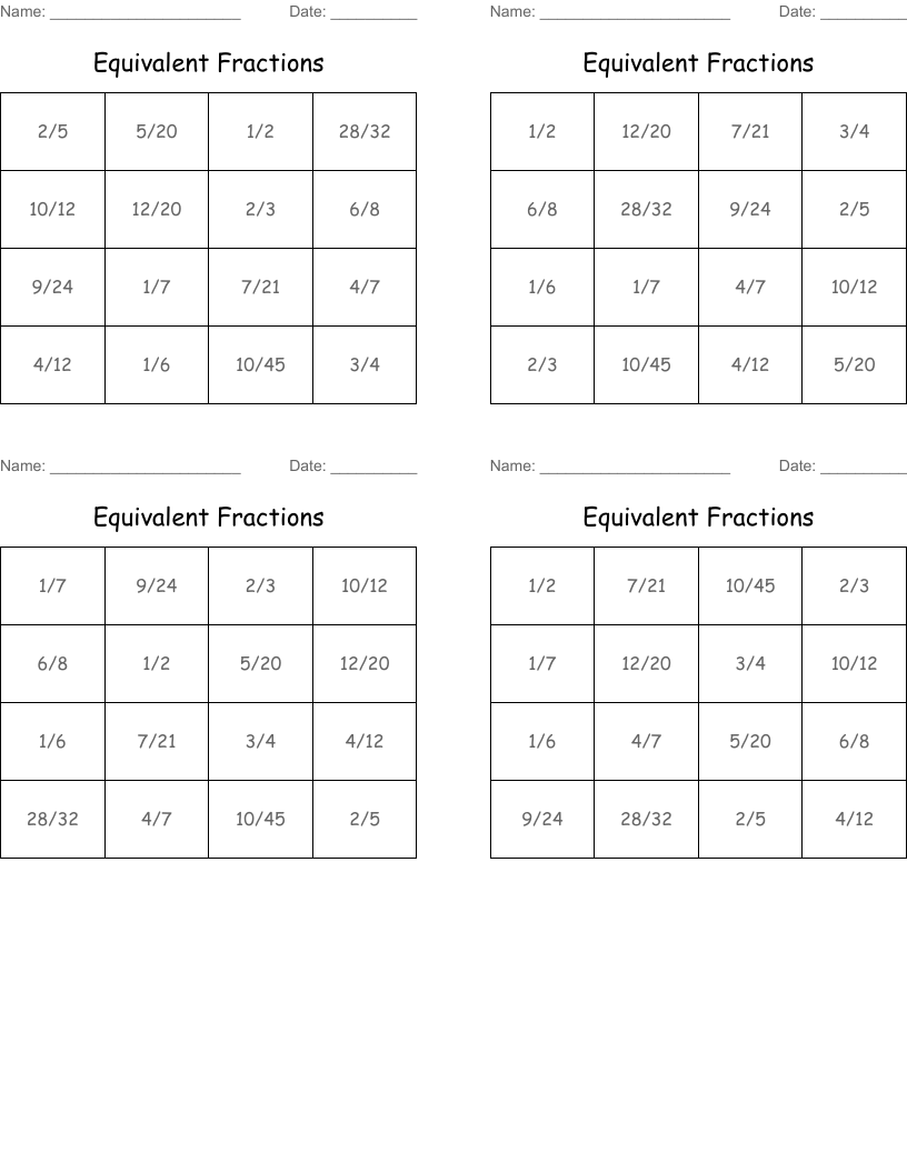 Equivalent Fractions Bingo Cards