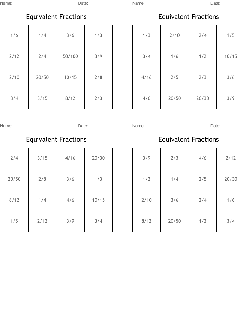 Equivalent Fractions Bingo Cards