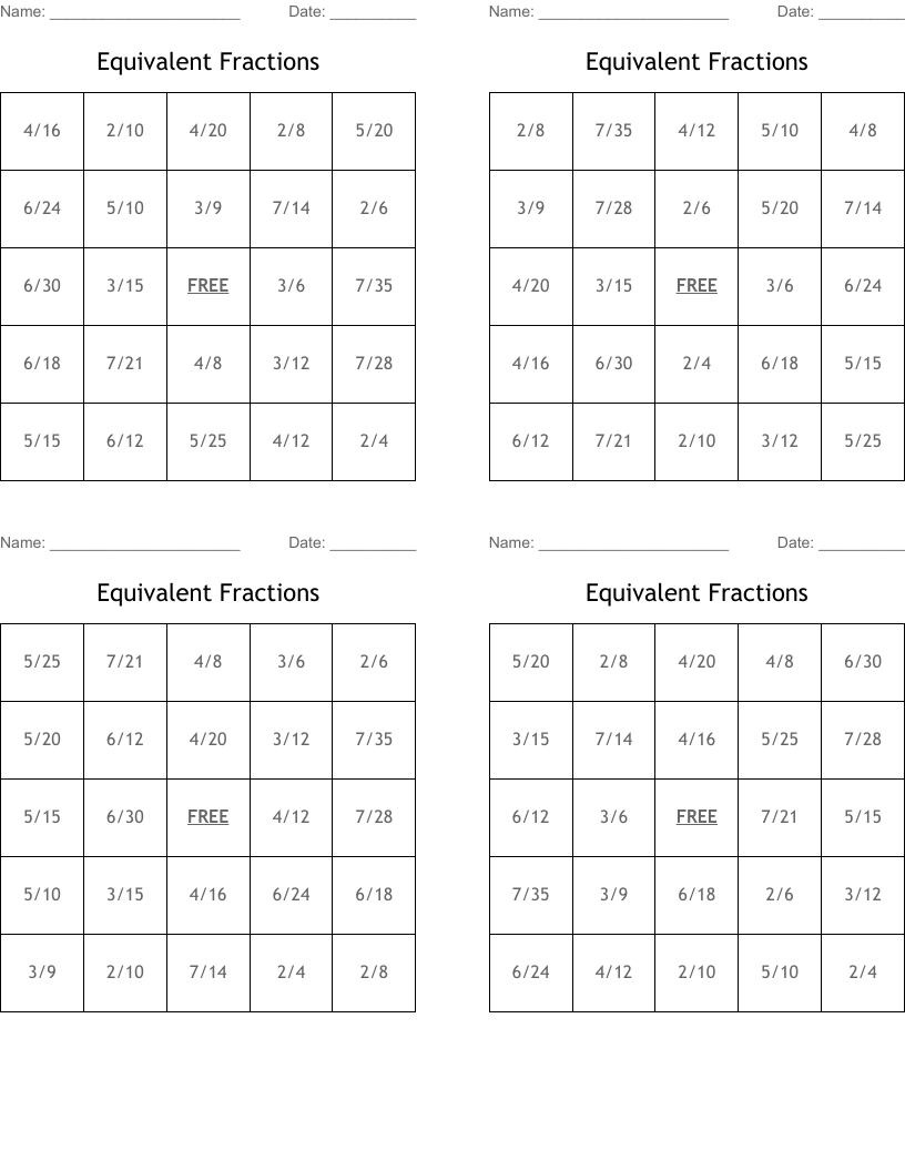Equivalent Fractions  Bingo Cards