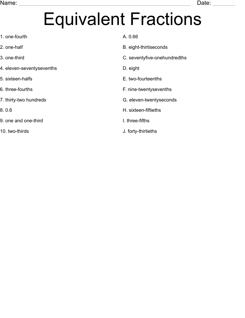 Equivalent Fractions  Worksheet