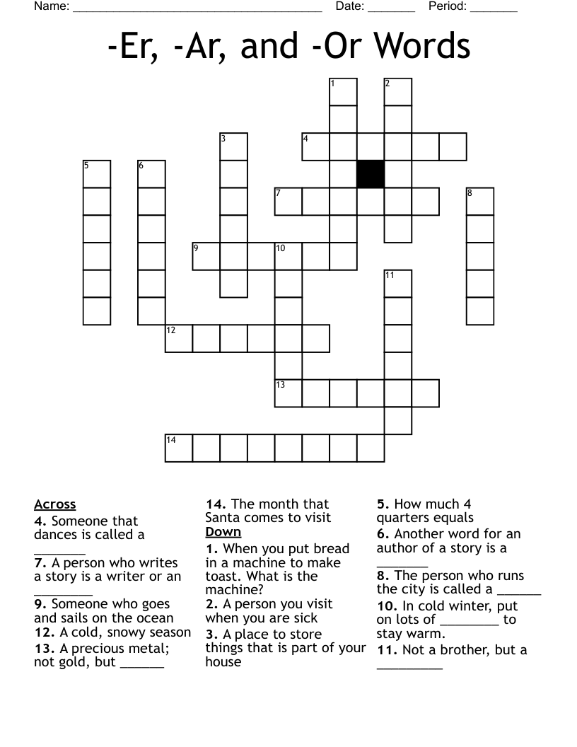 -Er, -Ar, and -Or Words Crossword