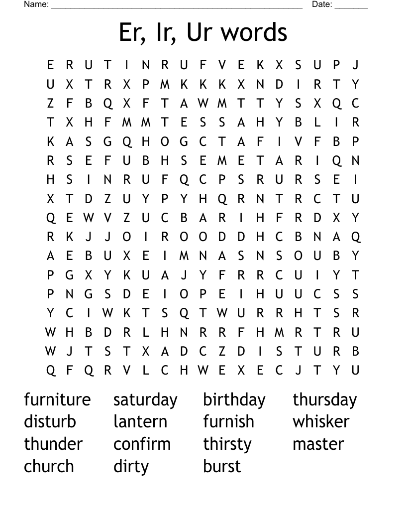 Er, Ir, Ur words Word Search