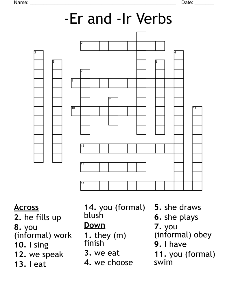 -Er and -Ir Verbs Crossword