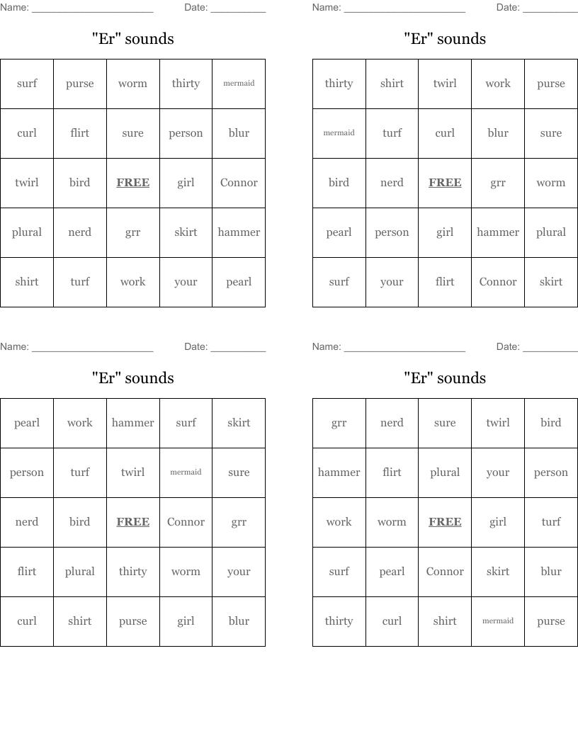"Er" sounds Bingo Cards