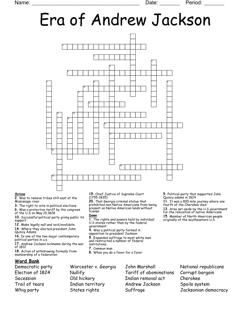 Era of Andrew Jackson Crossword