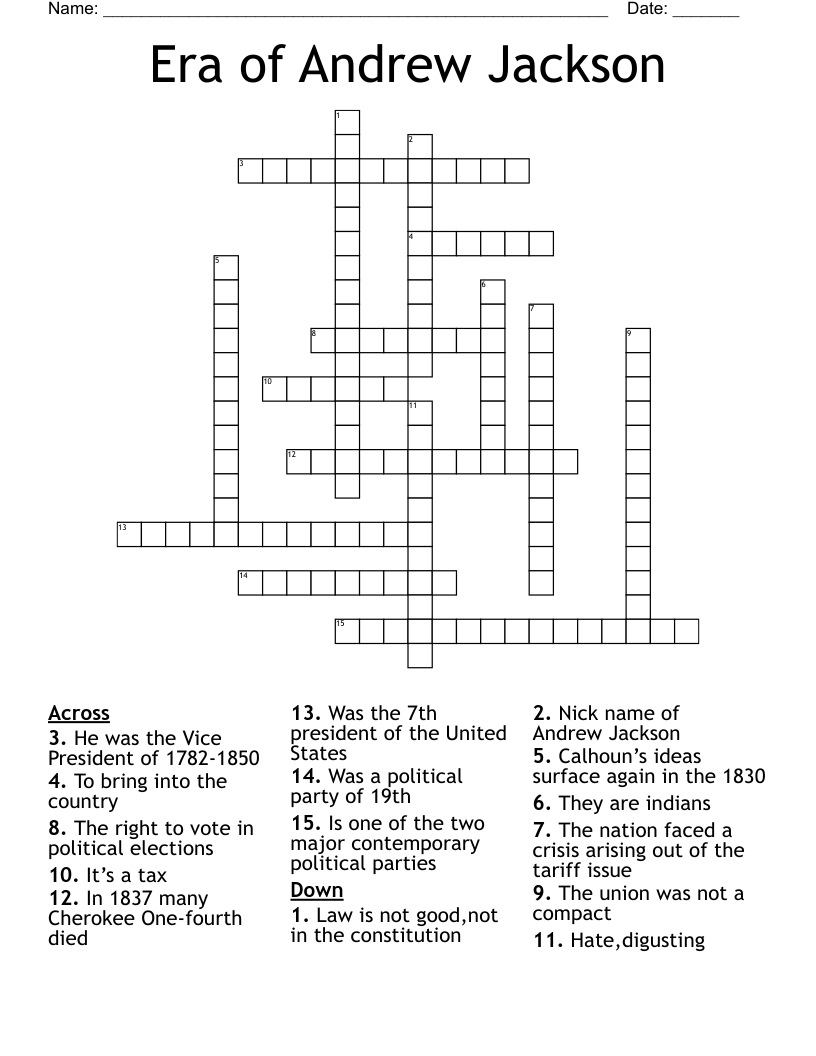 Era of Andrew Jackson Crossword