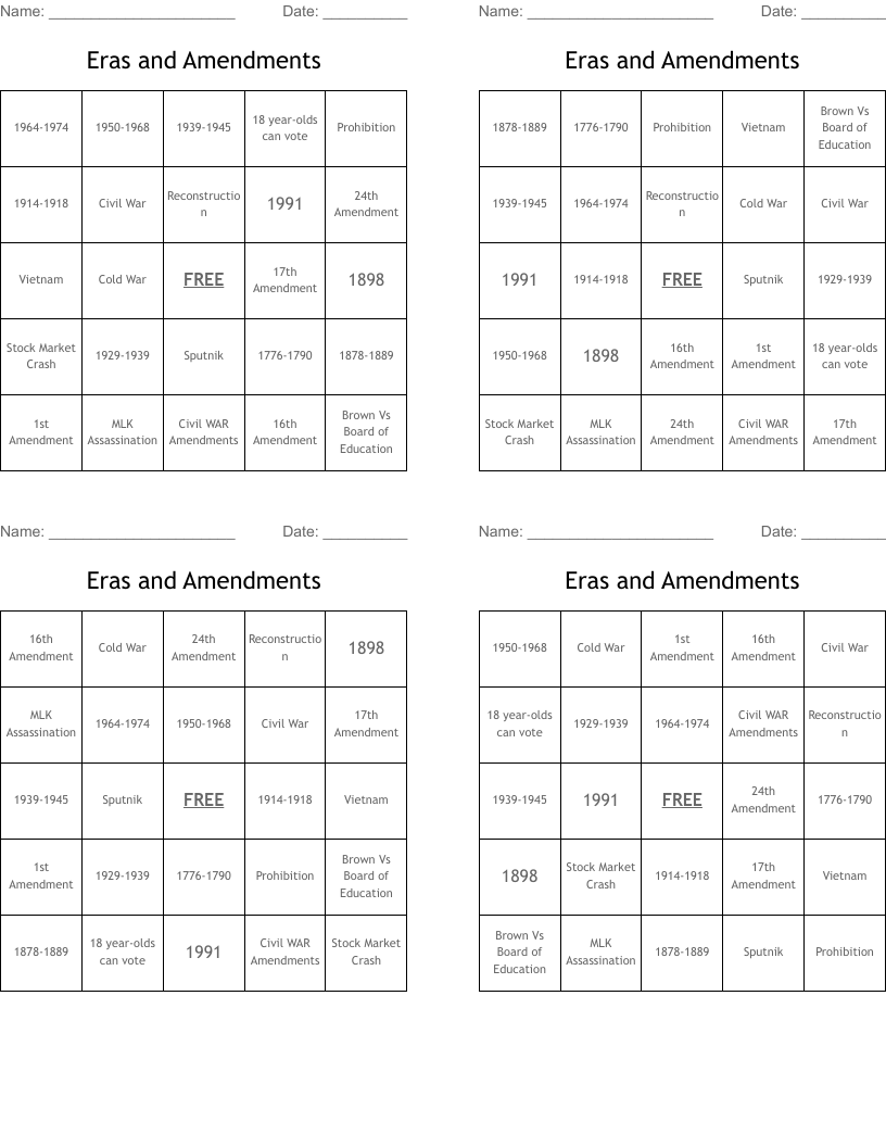 Eras and Amendments Bingo Cards