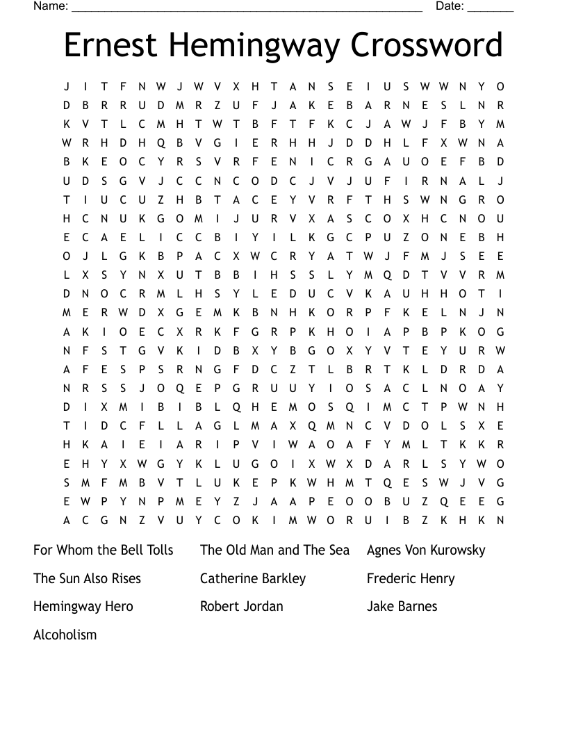 Ernest Hemingway Crossword  Word Search