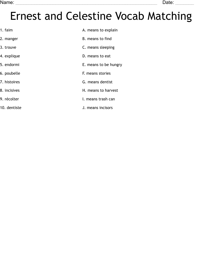 Ernest and Celestine Vocab Matching Worksheet
