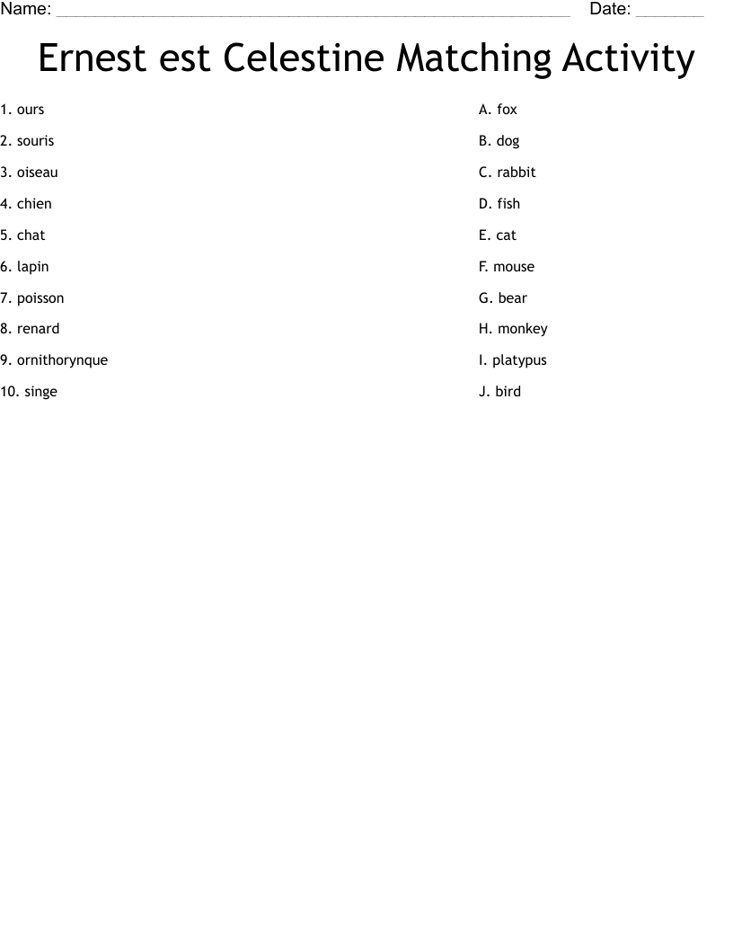 Ernest est Celestine Matching Activity Worksheet