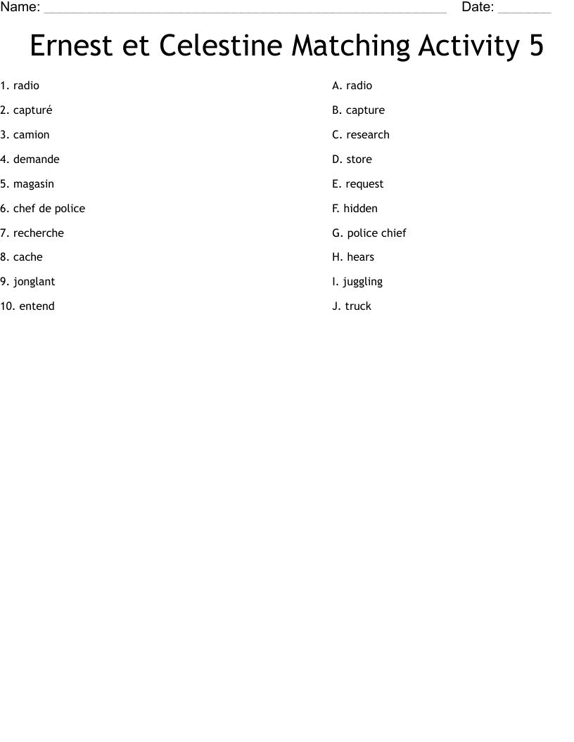 Ernest et Celestine Matching Activity 5 Worksheet