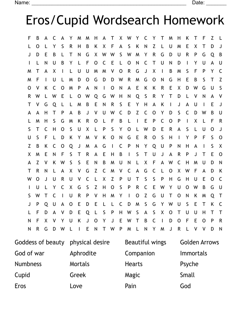 Eros/Cupid Wordsearch Homework