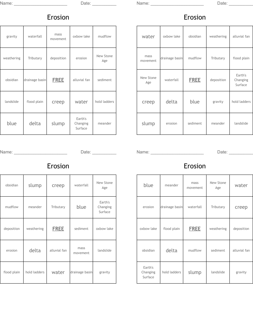 Erosion Bingo Cards