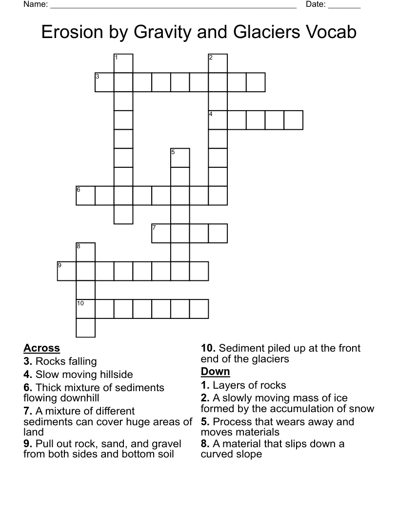 Erosion by Gravity and Glaciers Vocab Crossword