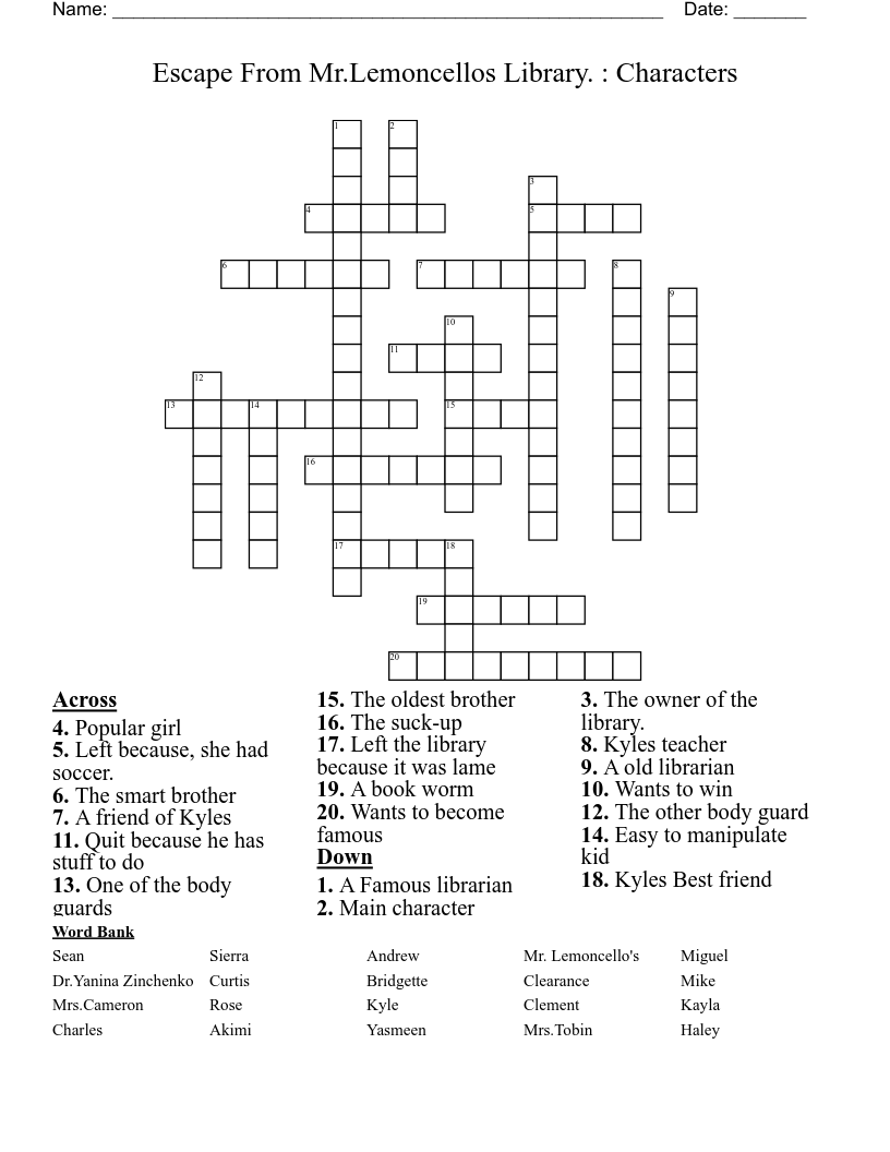 Escape From Mr.Lemoncellos Library.  :                 Characters Crossword