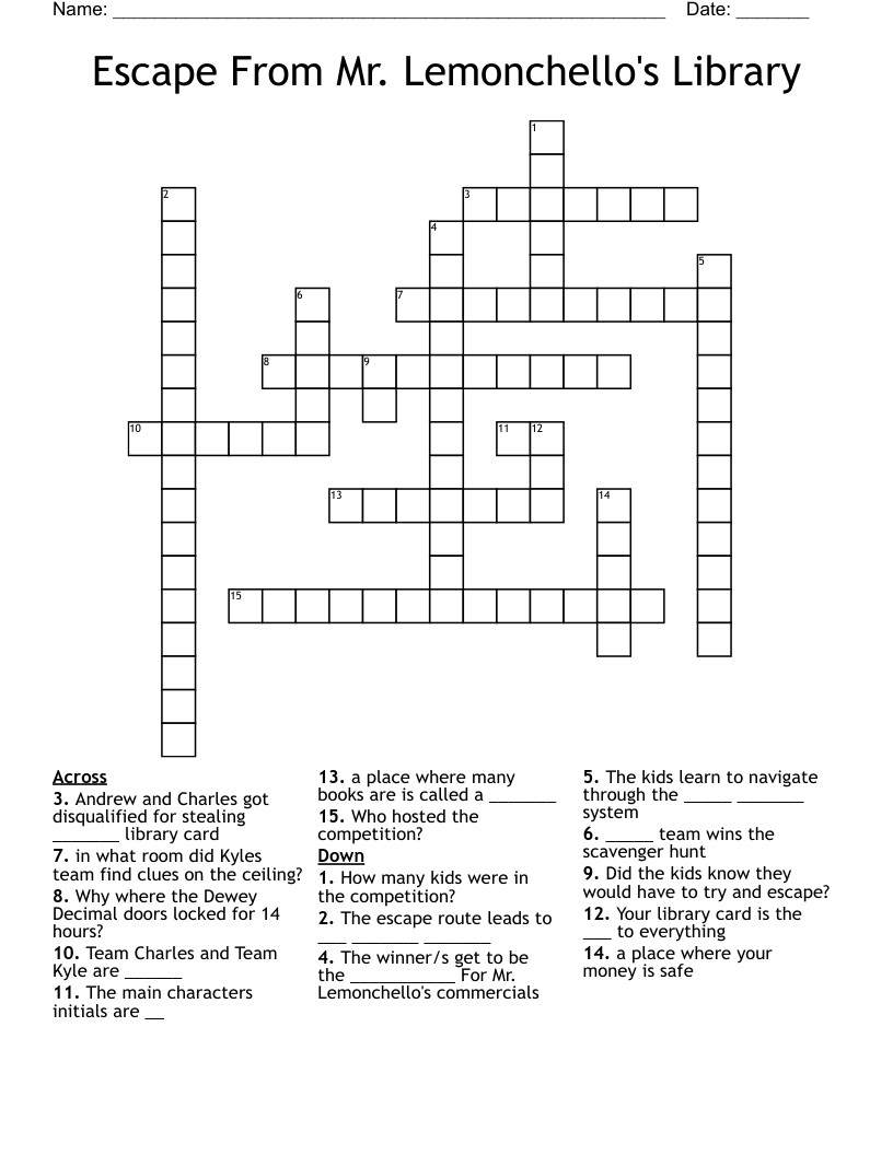 Escape From Mr. Lemonchello's Library Crossword