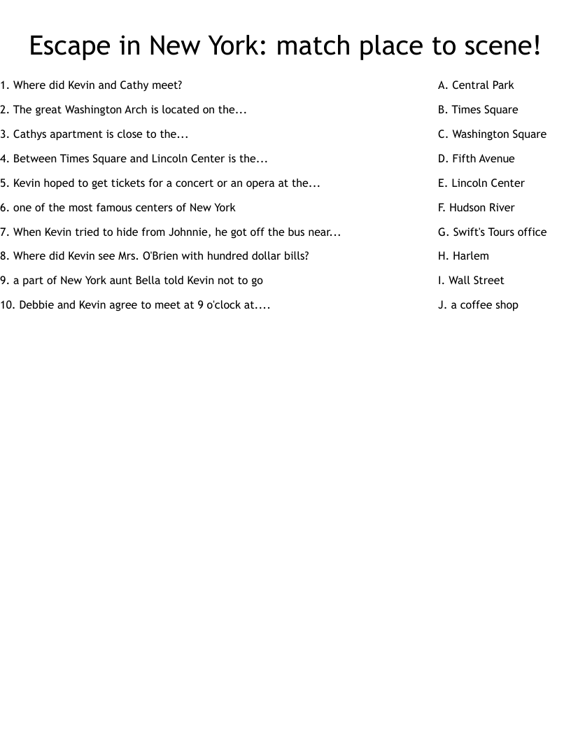 Escape in New York: match place to scene! Worksheet