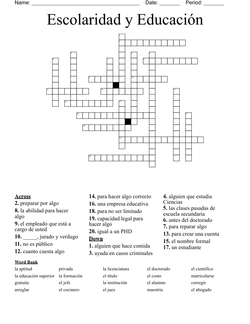 Escolaridad y Educación Crossword