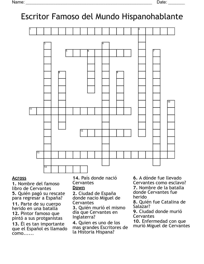 Escritor Famoso del Mundo Hispanohablante Crossword